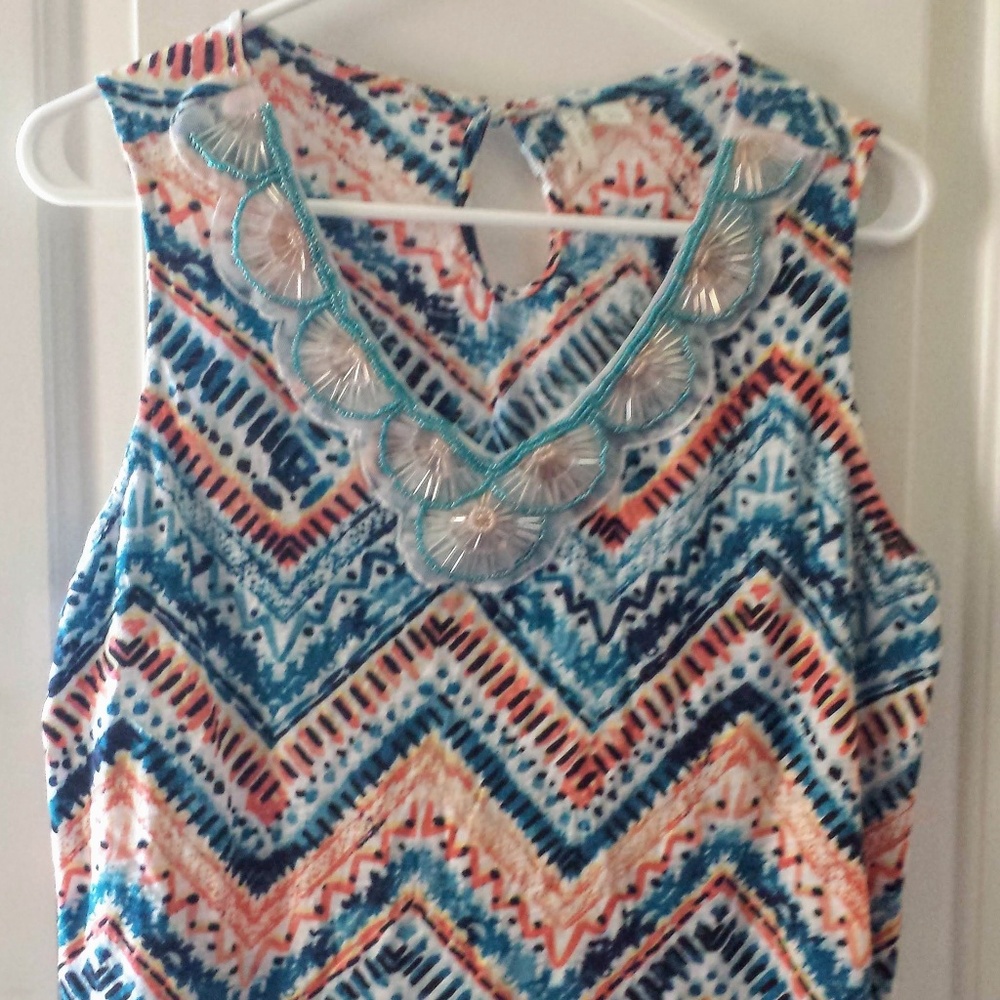 Colorful, Sleeveless Top w/ Beaded Neckline